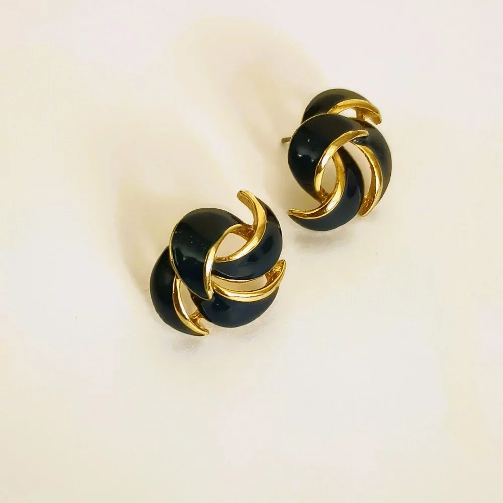 Blue Enamel Swirl Nautical Earrings Women's Gold Tone Vintage Post/Stud Jewelry